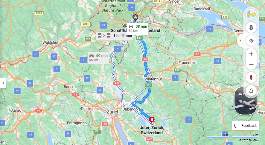 Anreise von Schaffhausen Zu Uster Über E41, a15·Toll on route