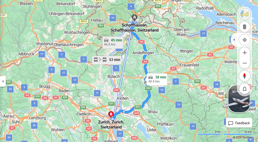 Anreise von Schaffhausen Zu Zurich Über E41, E60·Toll on route