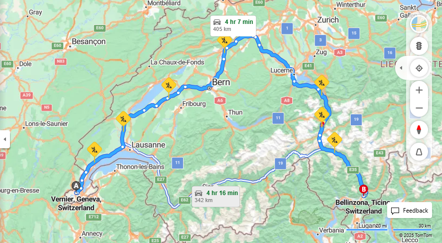 Anreise von Vernier Zu Bellinzona Über E25, E35·Toll on route