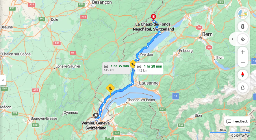 Anreise von Vernier Zu La Chaux-de-Fonds Über E25, A5·Toll on route