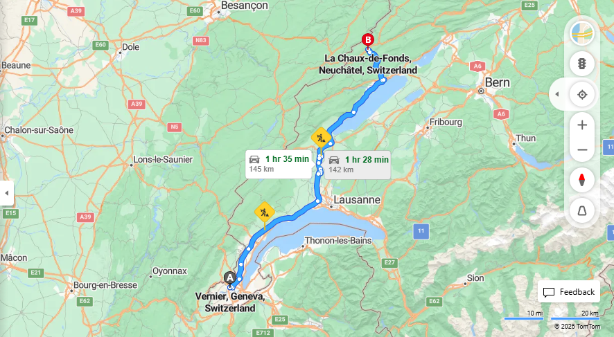 Anreise von Vernier Zu La Chaux-de-Fonds Über E25, Route d'Oulens·Toll on route