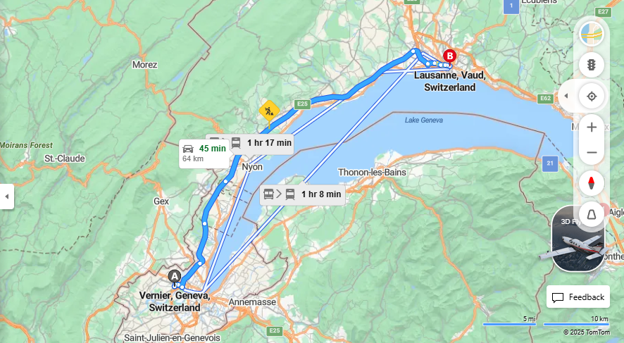 Anreise von Vernier Zu Lausanne Über E25, E62·Toll on route