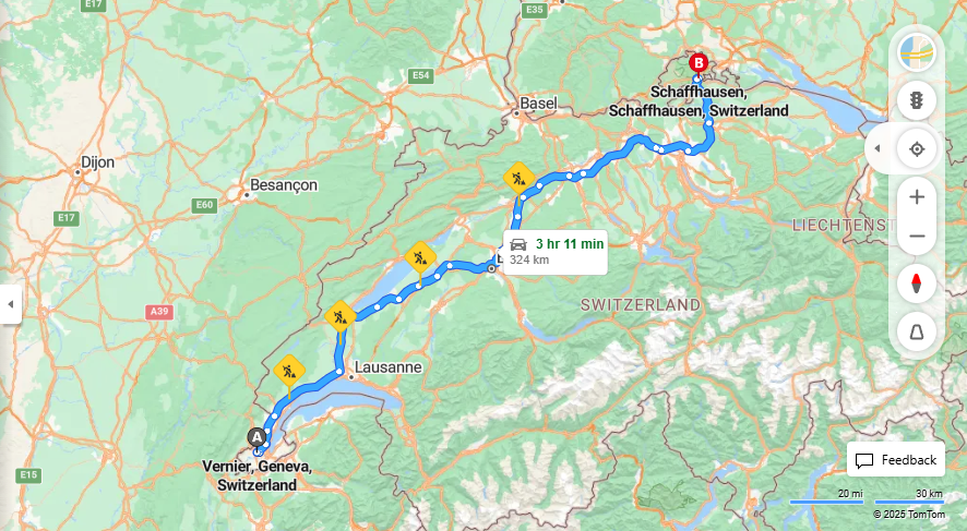 Anreise von Vernier Zu Schaffhausen Über E25, E41·Toll on route