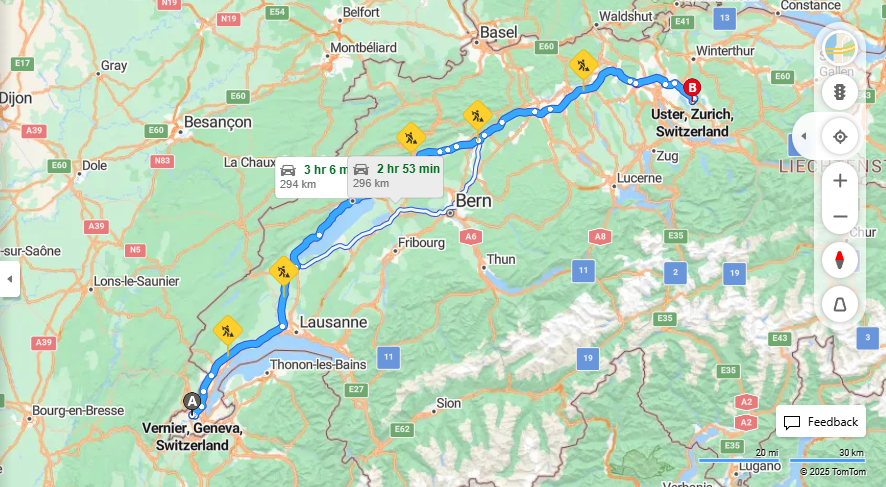 Anreise von Vernier Zu Uster Über E25, A5·Toll on route