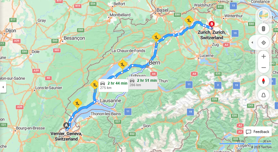 Anreise von Vernier Zu Zurich Über E25, a1·Toll on route