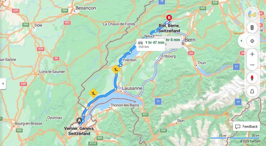 Anreise von Vernier Zu Biel/Bienne Über E25, A5·Toll on route