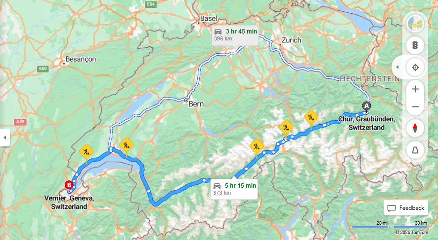 Anreise von Chur Zu Vernier Über 19, E62·Toll on route