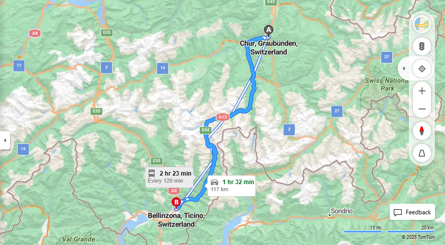 Anreise von Chur Zu Bellinzona Über E43·Toll on route