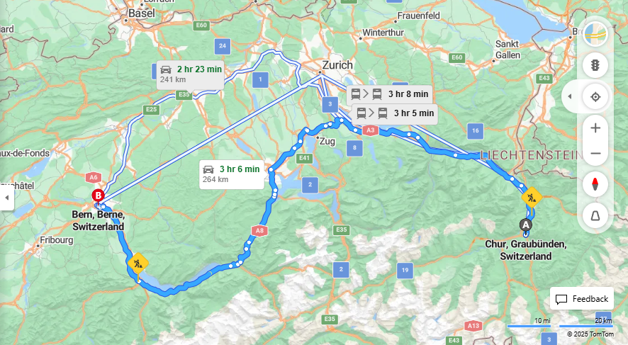 Anreise von Chur Zu Bern Über a3, a8·Toll on route