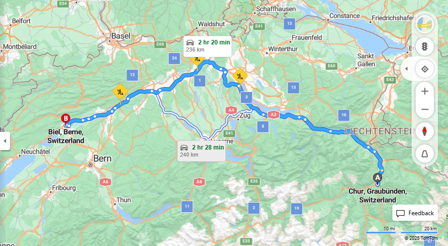 Anreise von Chur Zu Biel/Bienne Über a3, a1·Toll on route