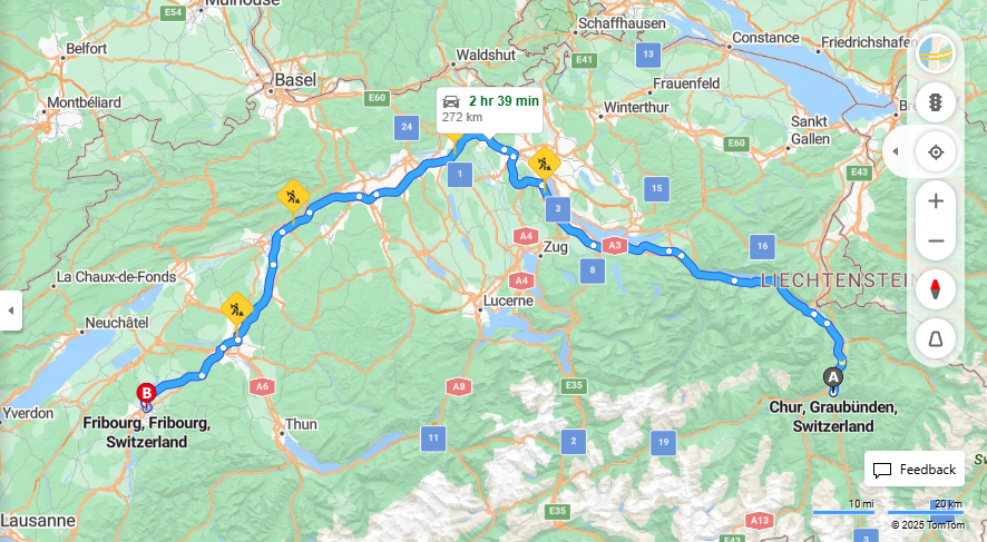 Anreise von Chur Zu Fribourg Über a3, E25·Toll on route