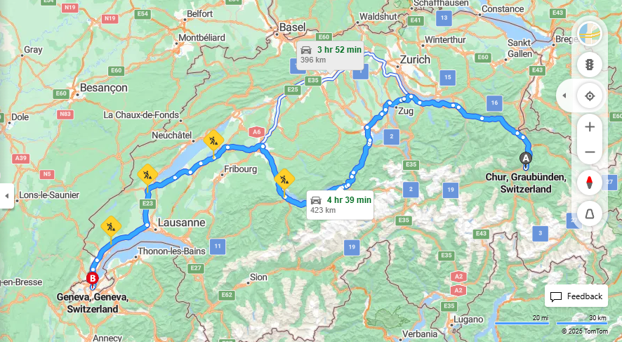 Anreise von Chur Zu Geneva Über a8, E25·Toll on route