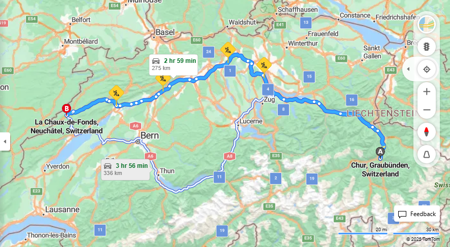 Anreise von Chur Zu La Chaux-de-Fonds Über a3, a1·Toll on route
