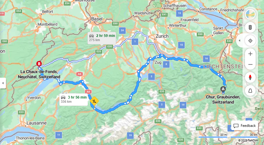Anreise von Chur Zu La Chaux-de-Fonds Über a3, a8·Toll on route
