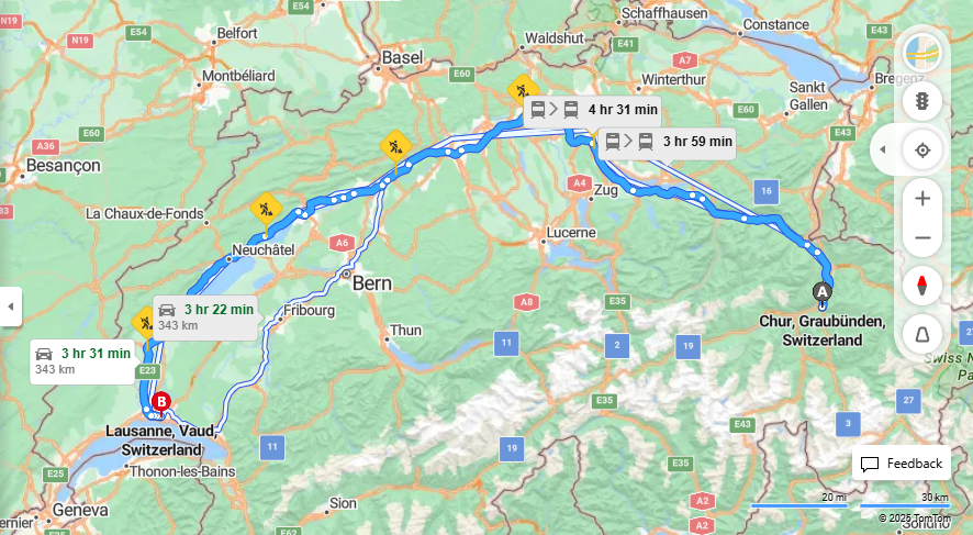 Anreise von Chur Zu Lausanne Über a3, A5·Toll on route