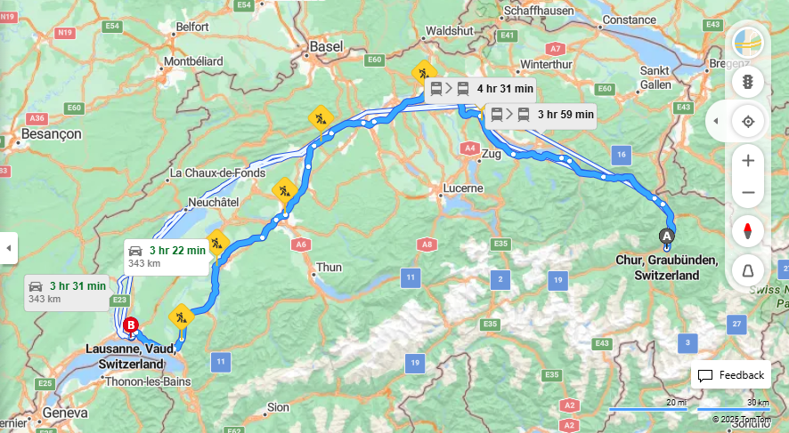 Anreise von Chur Zu Lausanne Über a3, e27·Toll on route