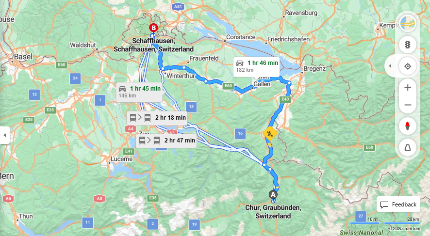 Anreise von Chur Zu Schaffhausen Über E60·Toll on route