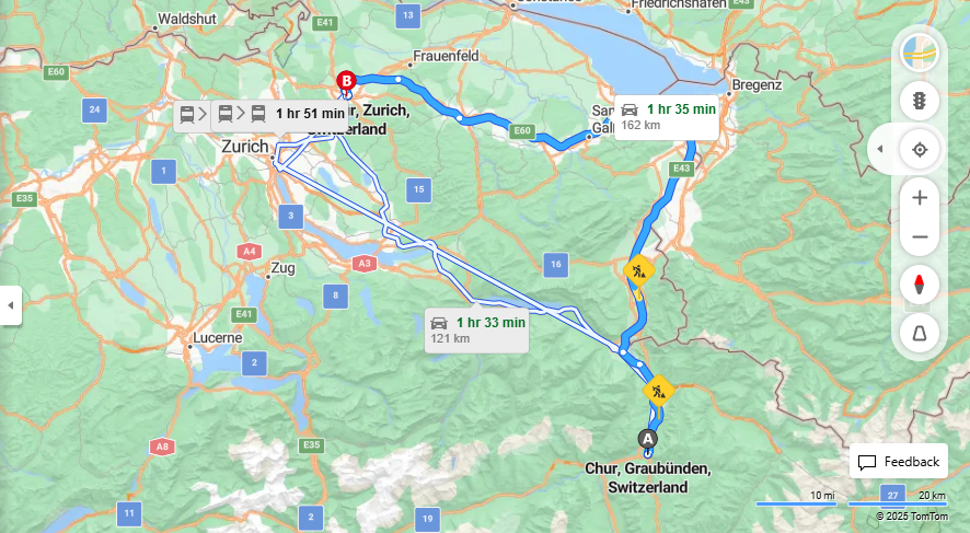 Anreise von Chur Zu Winterthur Über E60·Toll on route