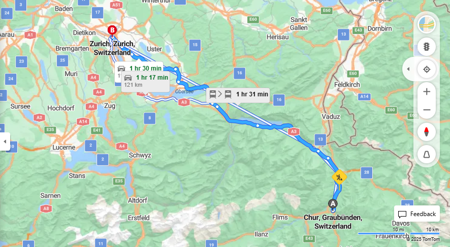 Anreise von Chur Zu Zurich Über a3, a15·Toll on route