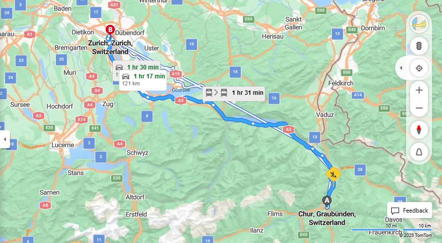 Anreise von Chur Zu Zurich Über E43, a3·Toll on route