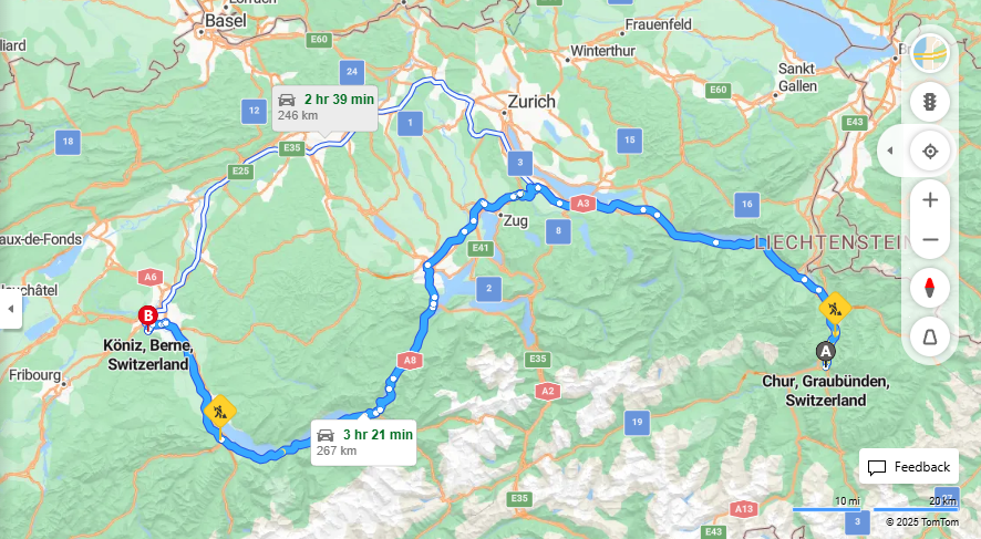 Anreise von Chur Zu Köniz Über a3, a8·Toll on route