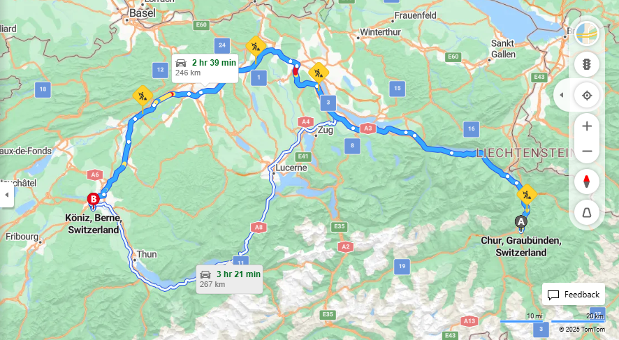 Anreise von Chur Zu Köniz Über a3, E25·Toll on route