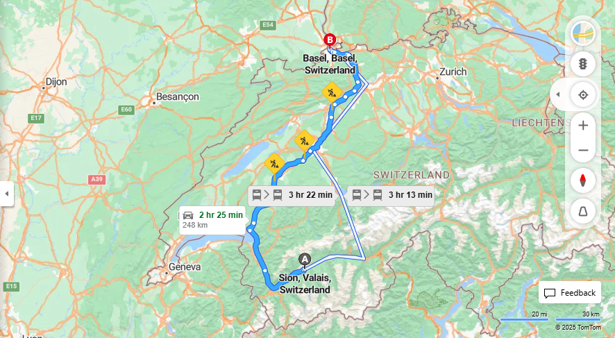 Anreise von Sion Zu Basel Über e27, E25·Toll on route