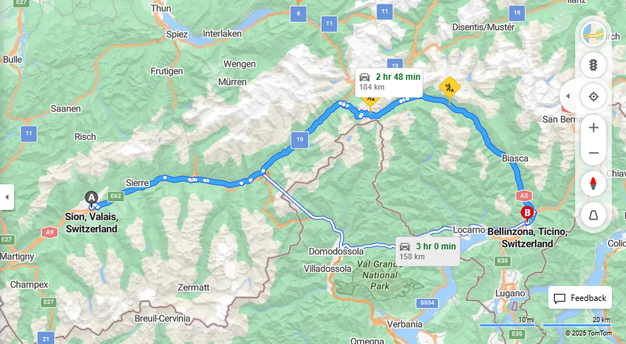 Anreise von Sion Zu Bellinzona Über E62, E35·Toll on route