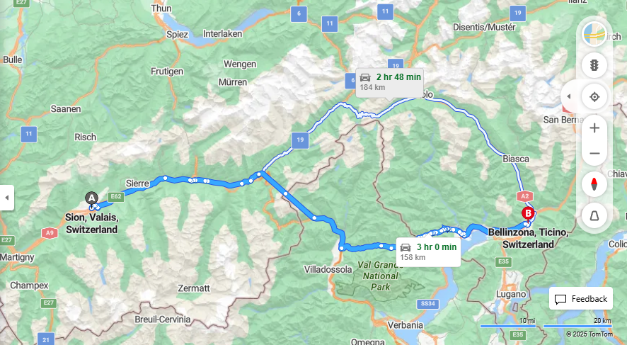 Anreise von Sion Zu Bellinzona Über E62, SS337·Toll on route
