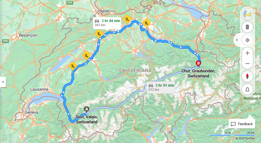 Anreise von Sion Zu Chur Über e27, a3·Toll on route