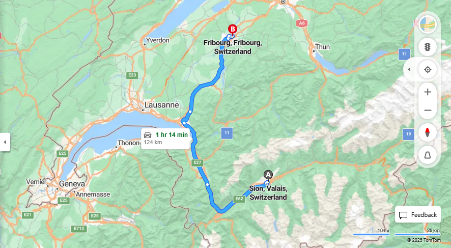 Anreise von Sion Zu Fribourg Über E62, e27·Toll on route