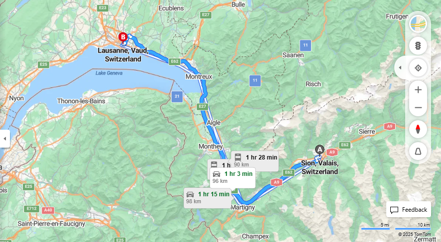 Anreise von Sion Zu Lausanne Über E62, e27·Toll on route