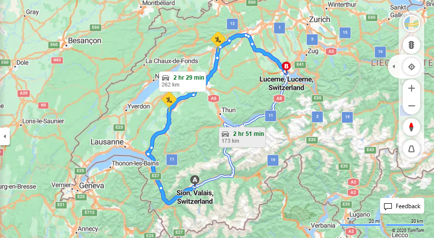 Anreise von Sion Zu Lucerne Über e27, E35·Toll on route