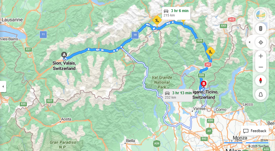 Anreise von Sion Zu Lugano Über E62, E35·Toll on route