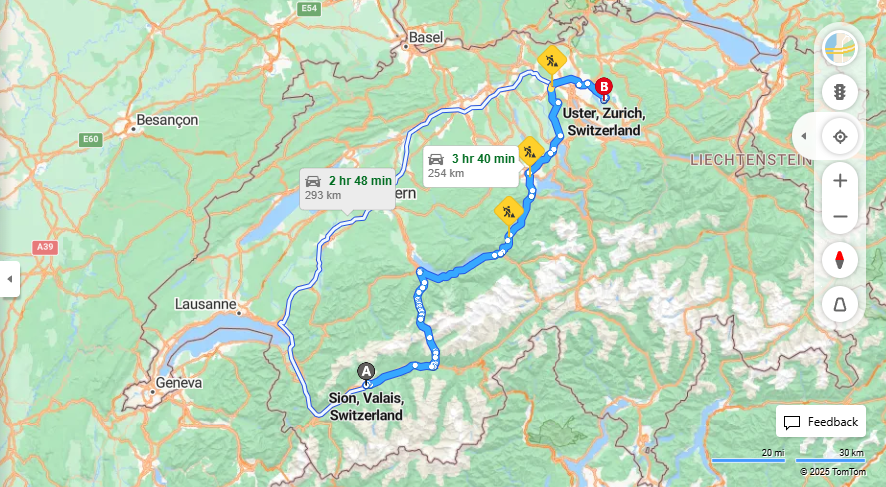 Anreise von Sion Zu Uster Über a8, E41·Toll on route