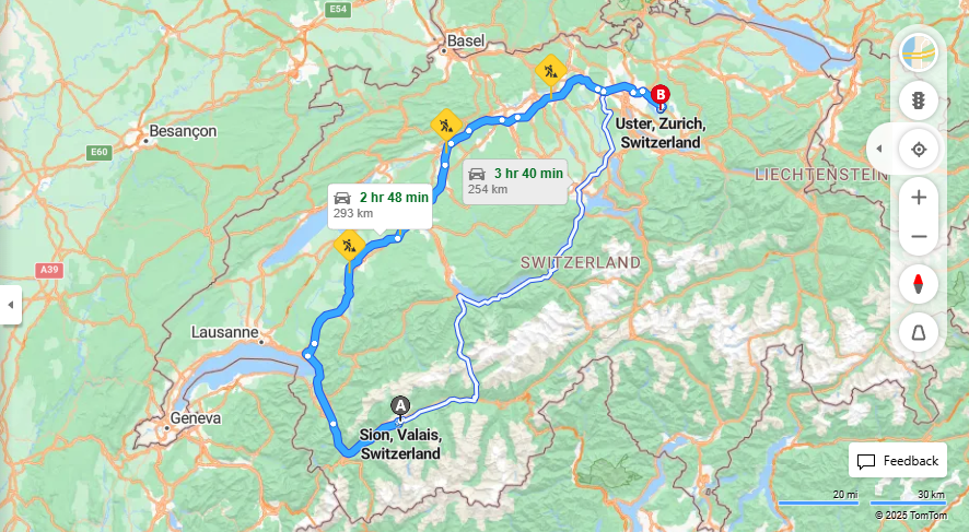 Anreise von Sion Zu Uster Über e27, E25·Toll on route