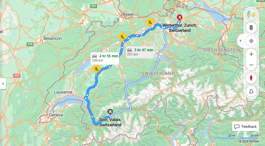 Anreise von Sion Zu Winterthur Über e27, E25·Toll on route
