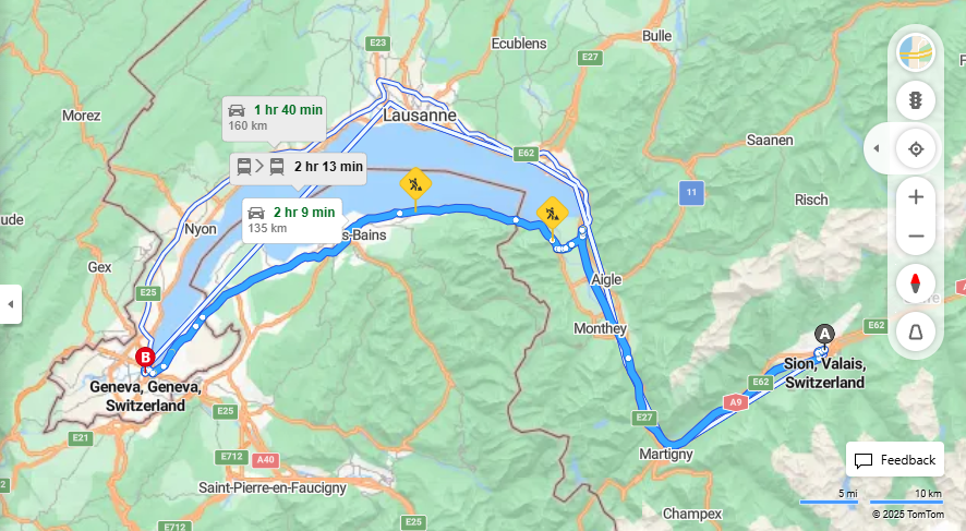 Anreise von Sion Zu Geneva Über E62, D1005·Toll on route