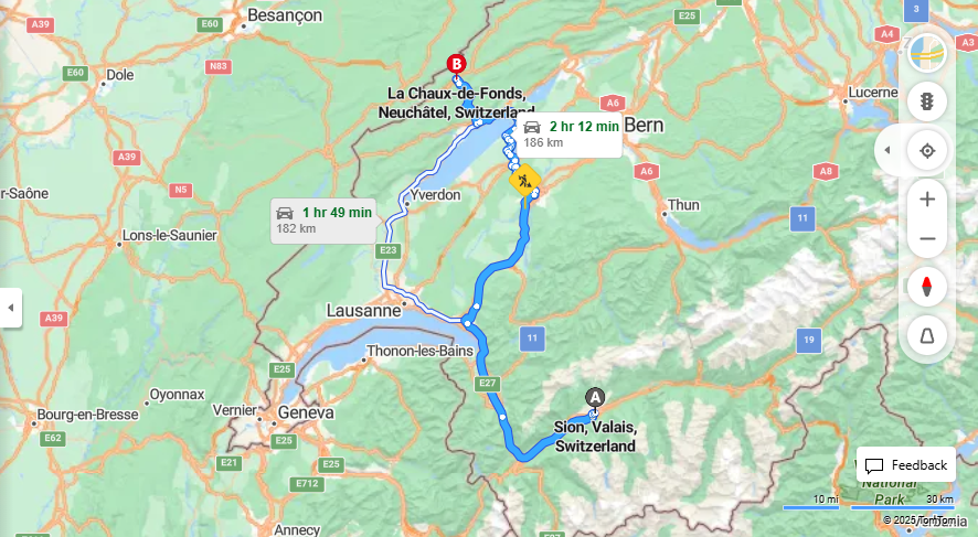 Anreise von Sion Zu La Chaux-de-Fonds Über e27·Toll on route