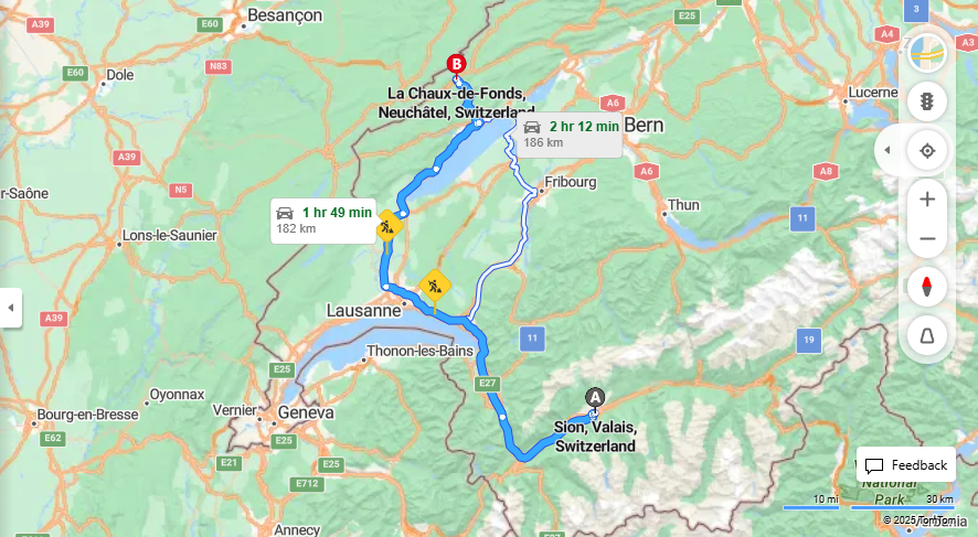 Anreise von Sion Zu La Chaux-de-Fonds Über E62, A5·Toll on route