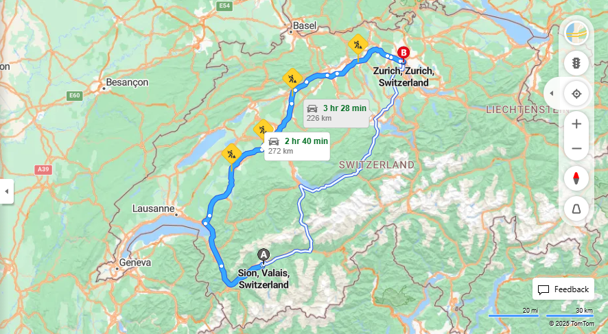 Anreise von Sion Zu Zurich Über e27, E25·Toll on route