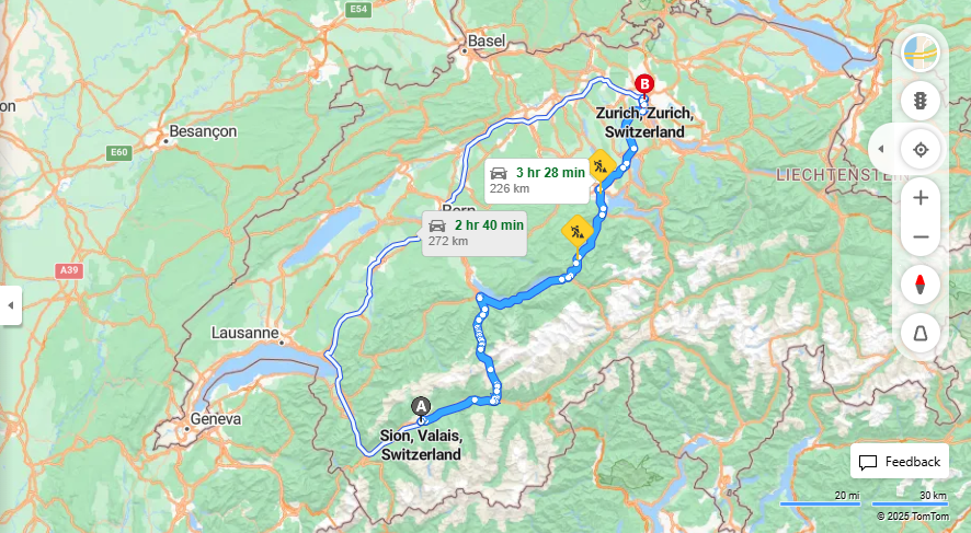 Anreise von Sion Zu Zurich Über E62, a8·Toll on route