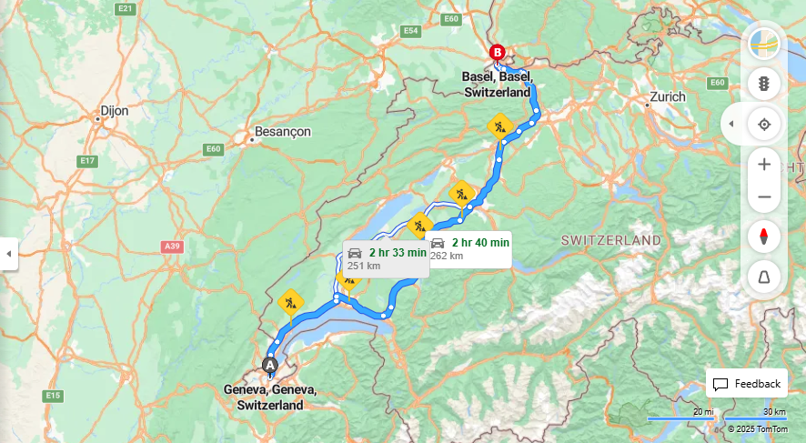 Anreise von Geneva Zu Basel Über E25, e27·Toll on route