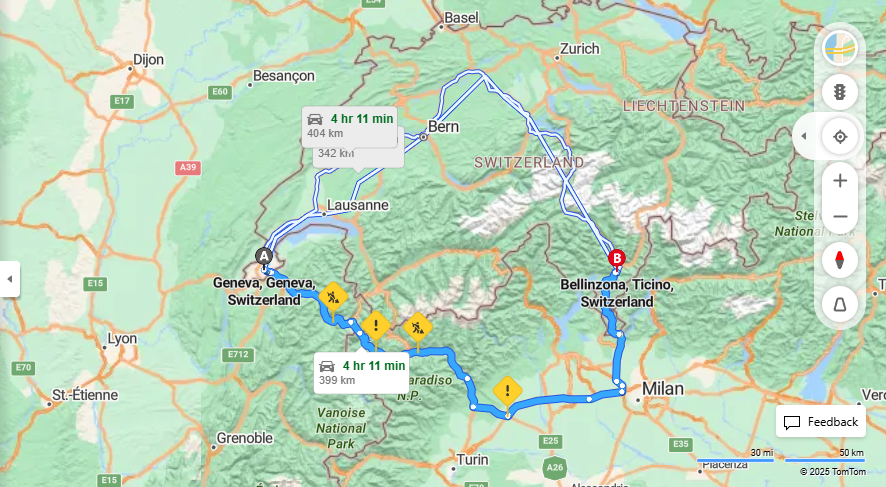 Anreise von Geneva Zu Bellinzona Über E25, E35·Toll on route