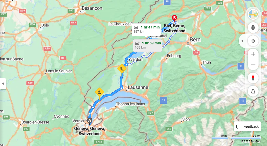 Anreise von Geneva Zu Biel/Bienne Über E25, A5·Toll on route