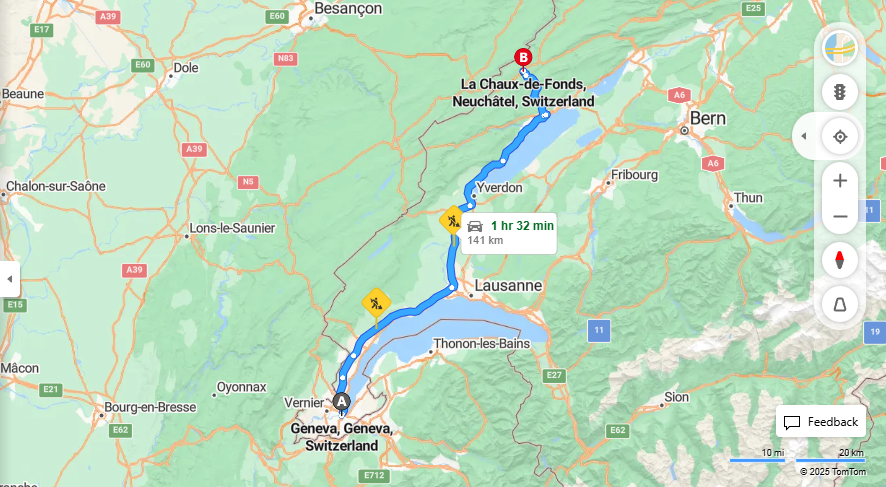 Anreise von Geneva Zu La Chaux-de-Fonds Über E25, A5·Toll on route