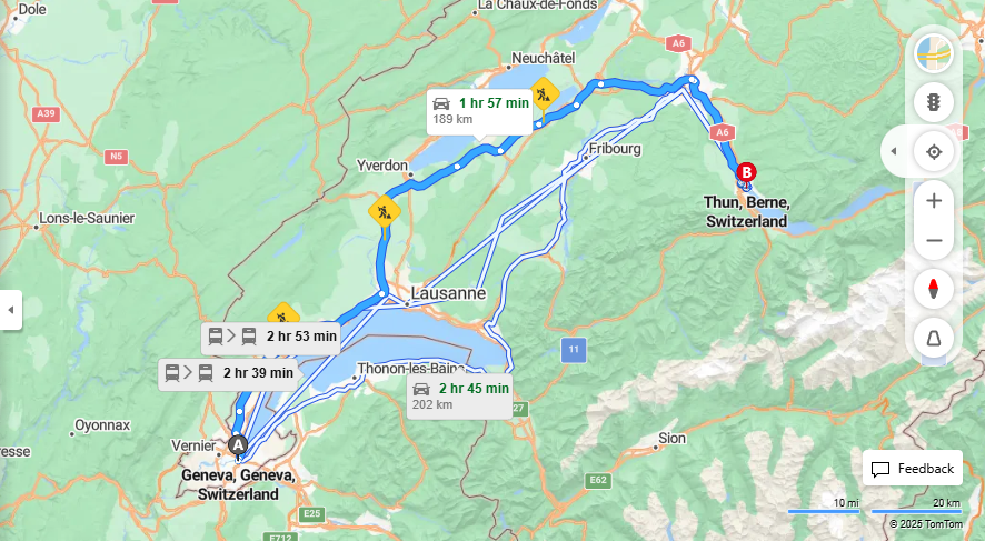 Anreise von Geneva Zu Thun Über E25, A6·Toll on route