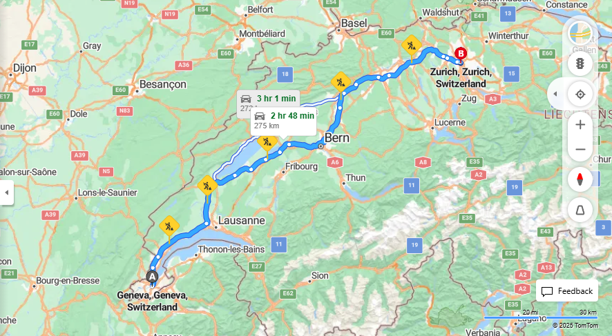 Anreise von Geneva Zu Zurich Über E25, a1·Toll on route