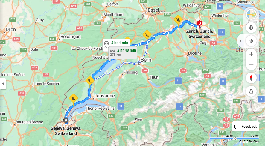 Anreise von Geneva Zu Zurich Über E25, A5·Toll on route