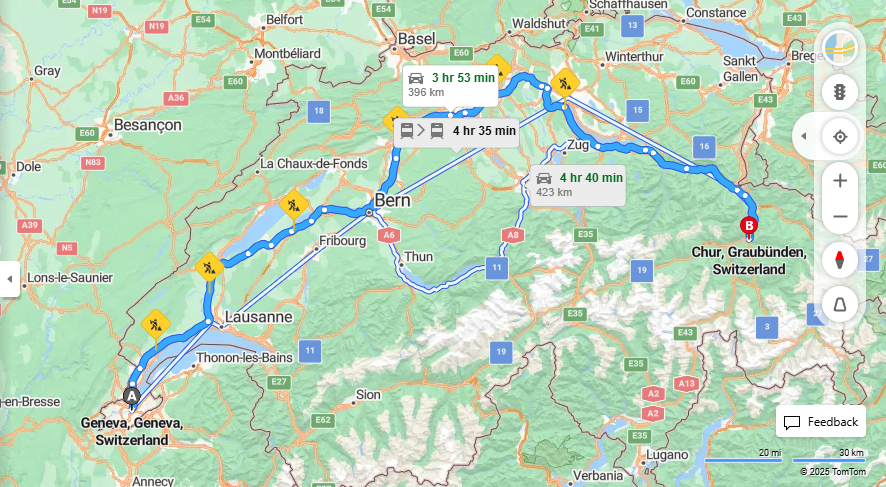 Anreise von Geneva Zu Chur Über E25, a3·Toll on route